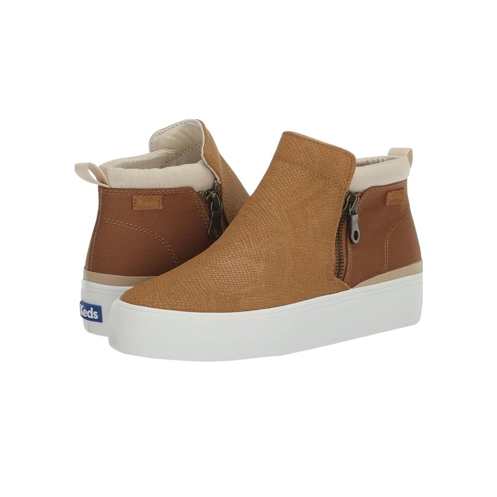 Keds Platform Sneakers Womens 9 Tan Brown Snakeskin Zip Mid Top NWOB Casual Shoe